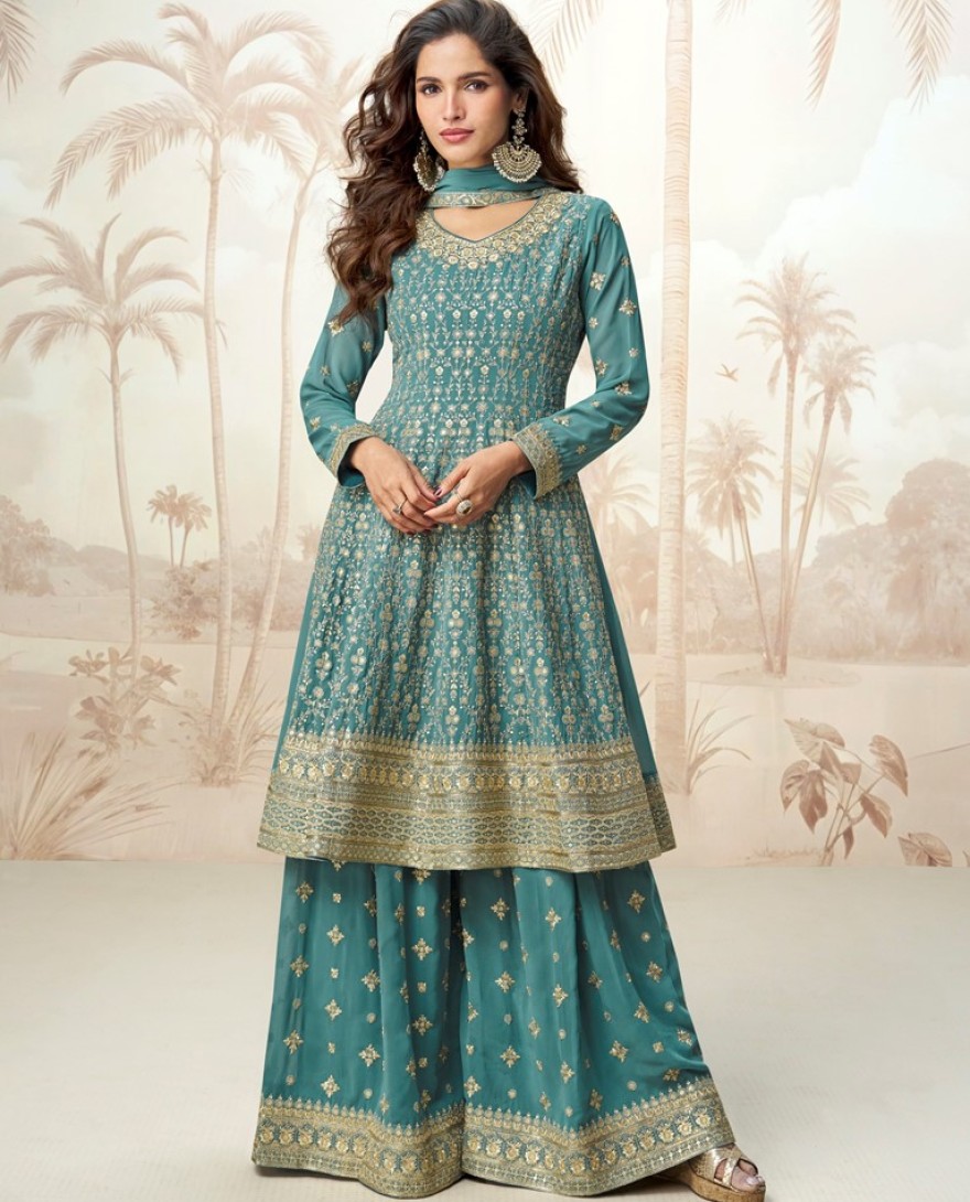 10222-blue - Teal Blue Georgette Sharara Suit Set with Heavy Embroidery